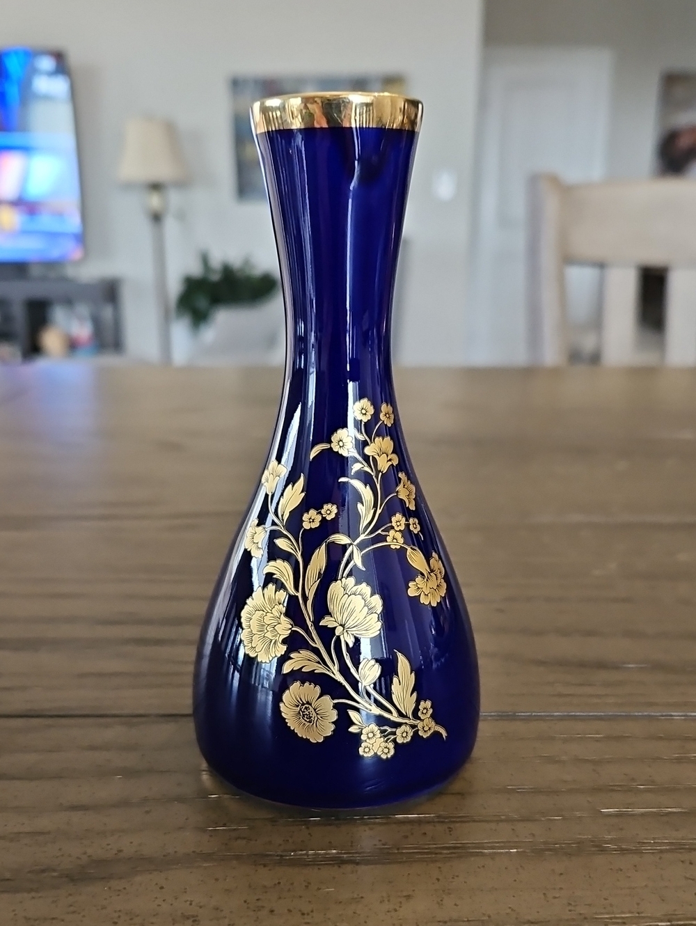 Vintage Cobalt Blue Bud Vase with Gold Floral Accent